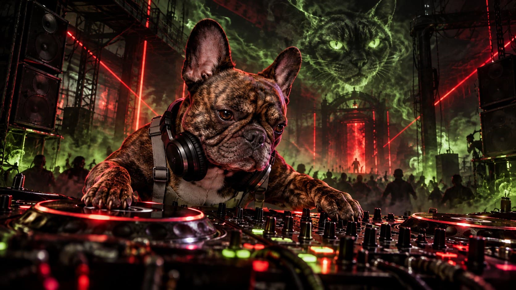 Happy at the decks in a dark warehouse cut by red lasers and green smoke