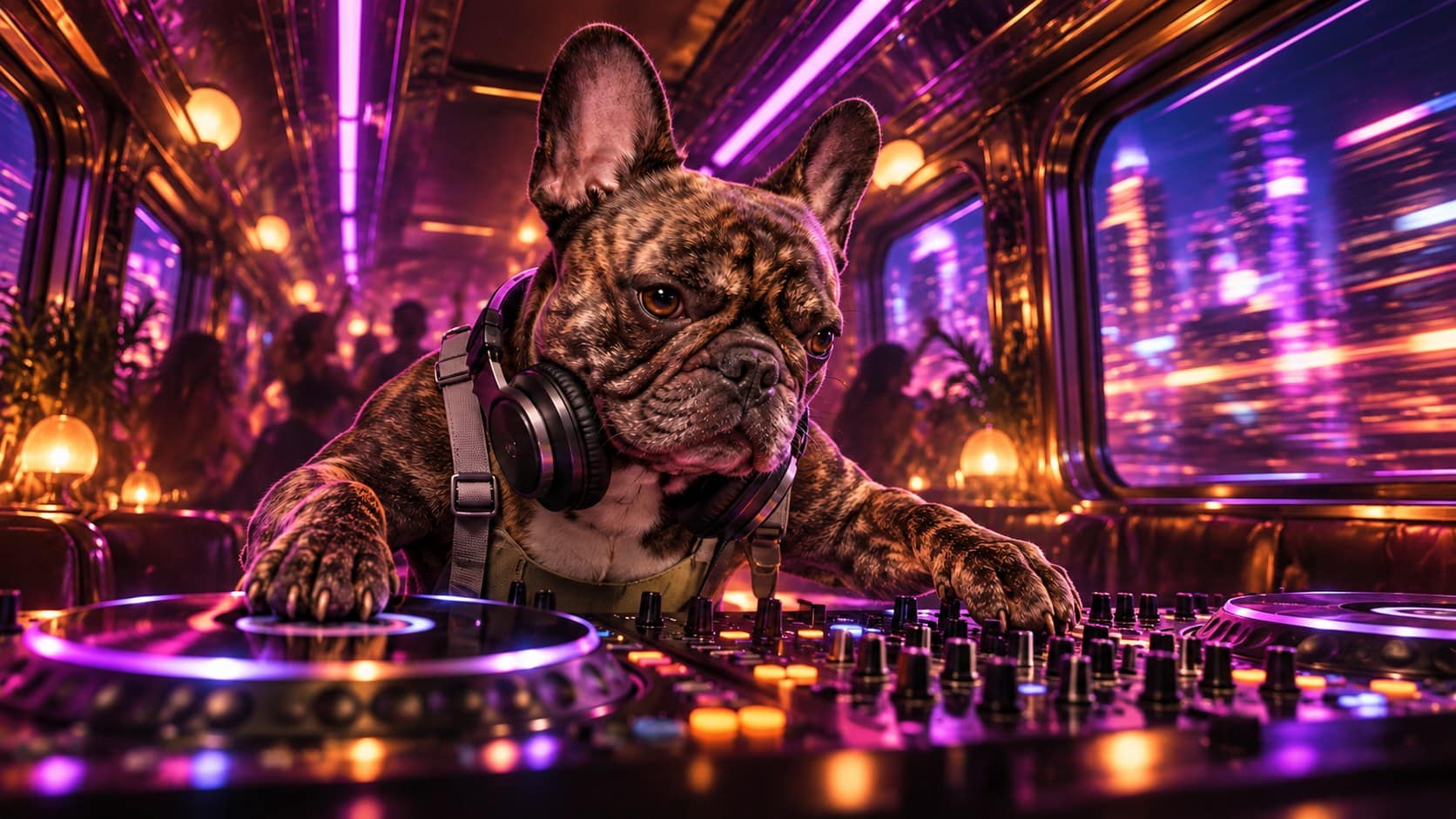 Happy, el bulldog francés, mezclando en un controlador de DJ dentro de un tren nocturno, con las luces de la ciudad pasando por la ventana